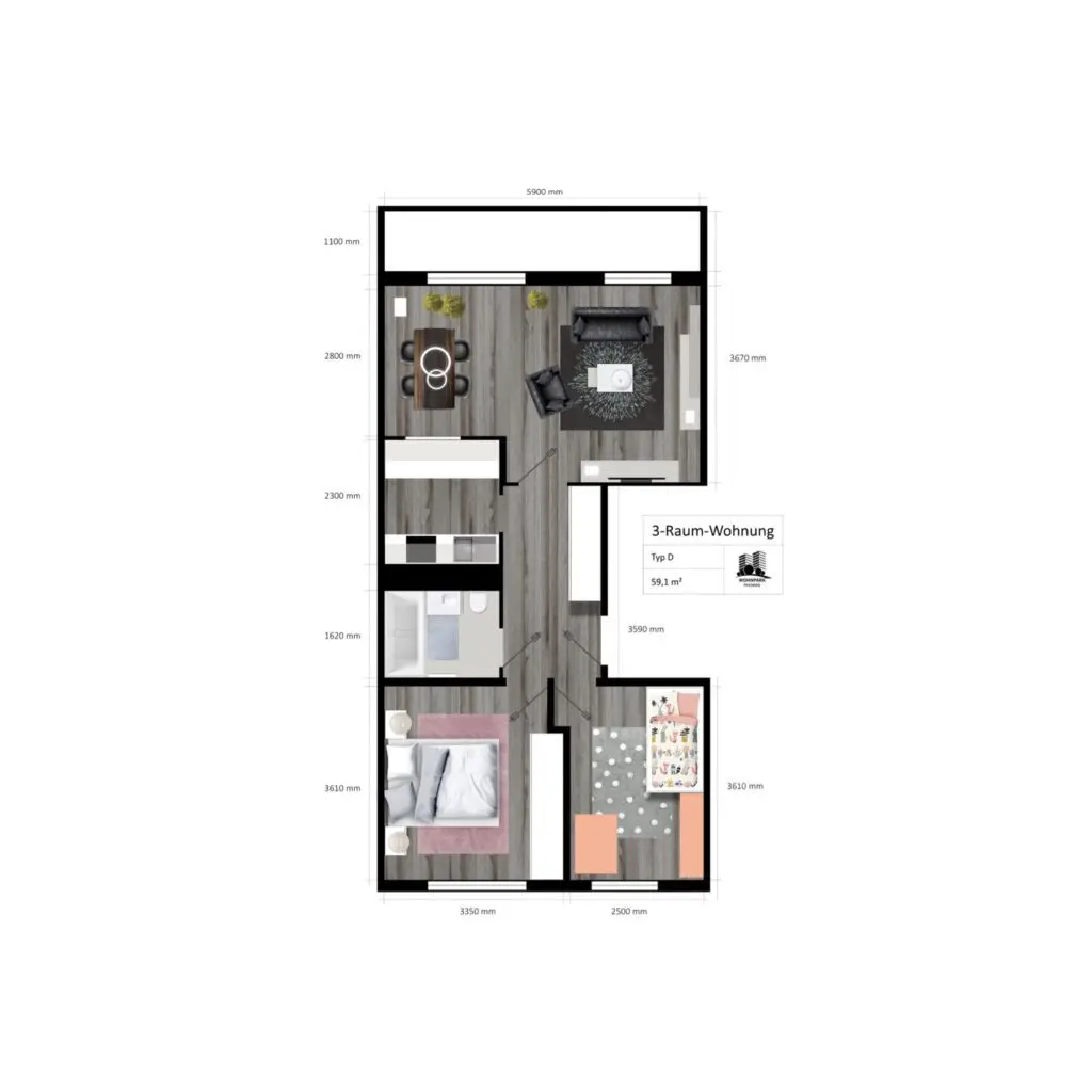 Grundriss Grundriss 3 Zimmer, Küche, Bad, Balkon – preiswerte Mietwohnung im Wohnpark Friedberg in Suhl